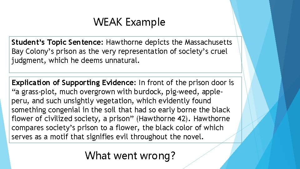 WEAK Example Student’s Topic Sentence: Hawthorne depicts the Massachusetts Bay Colony’s prison as the