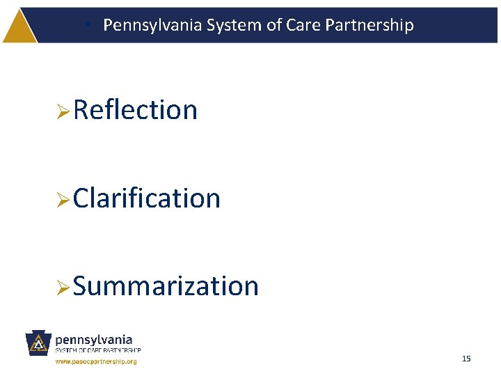  • Pennsylvania System of Care Partnership ØReflection ØClarification ØSummarization 15 