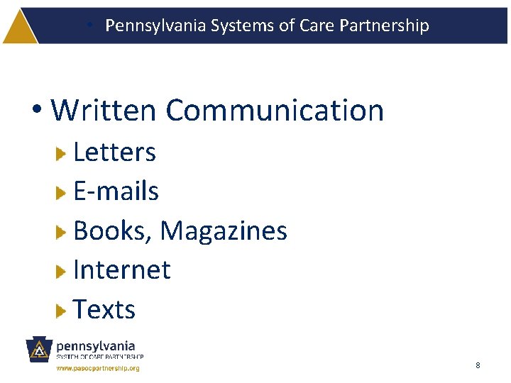  • Pennsylvania Systems of Care Partnership • Written Communication Letters E-mails Books, Magazines