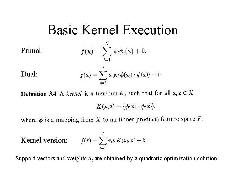 Basic Kernel Execution Primal: Dual: Kernel version: Support vectors and weights αi are obtained