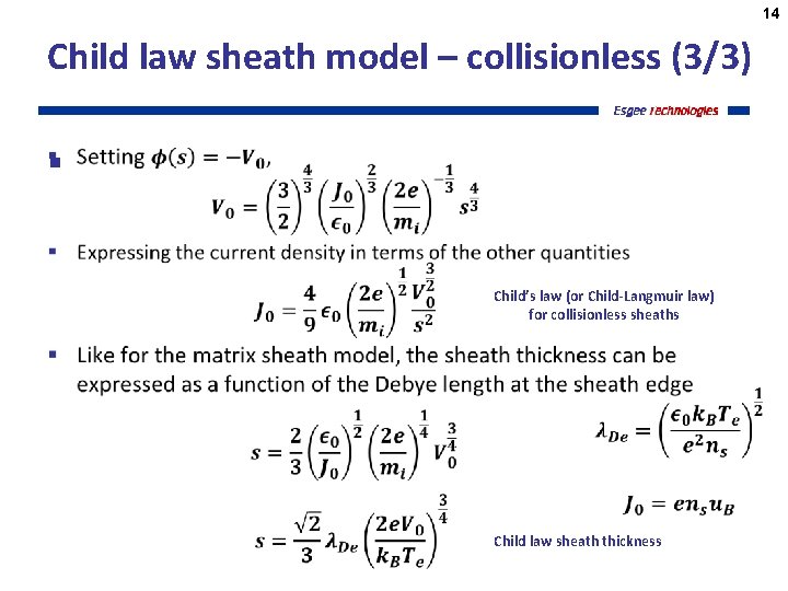 14 Child law sheath model – collisionless (3/3) § Child’s law (or Child-Langmuir law)