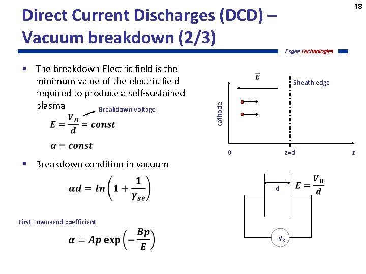 18 Direct Current Discharges (DCD) – Vacuum breakdown (2/3) Sheath edge cathode § The