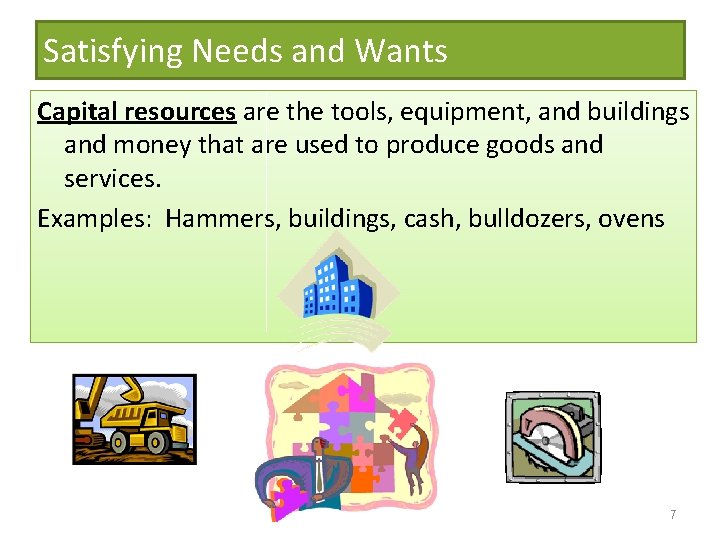 Satisfying Needs and Wants Capital resources are the tools, equipment, and buildings and money