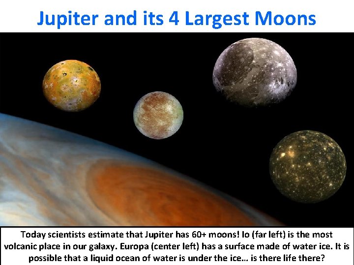 Jupiter and its 4 Largest Moons Today scientists estimate that Jupiter has 60+ moons!