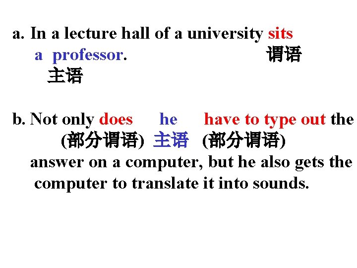 a. In a lecture hall of a university sits a professor. 谓语 主语 b.