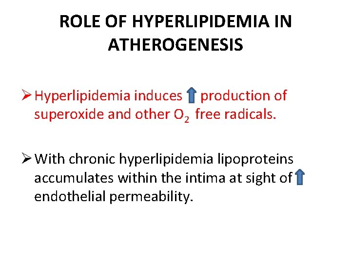 ROLE OF HYPERLIPIDEMIA IN ATHEROGENESIS Ø Hyperlipidemia induces production of superoxide and other O