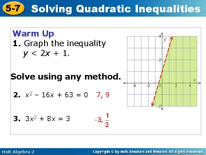 5 -7 Solving Quadratic Inequalities Warm Up 1. Graph the inequality y < 2