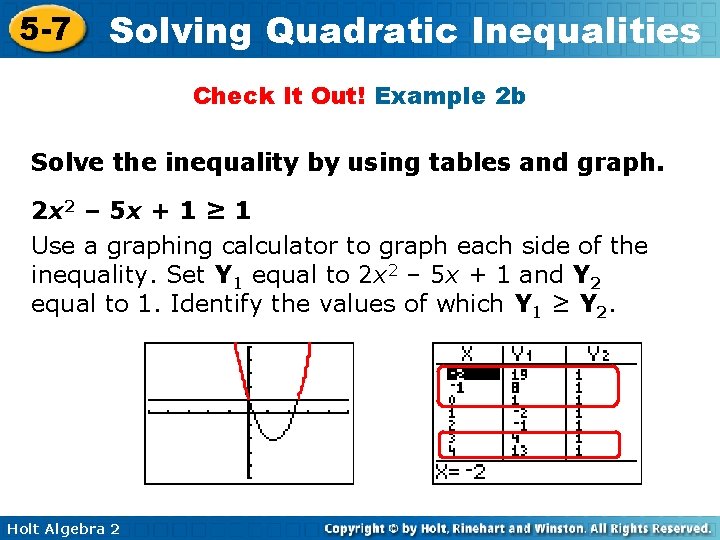 5 -7 Solving Quadratic Inequalities Check It Out! Example 2 b Solve the inequality