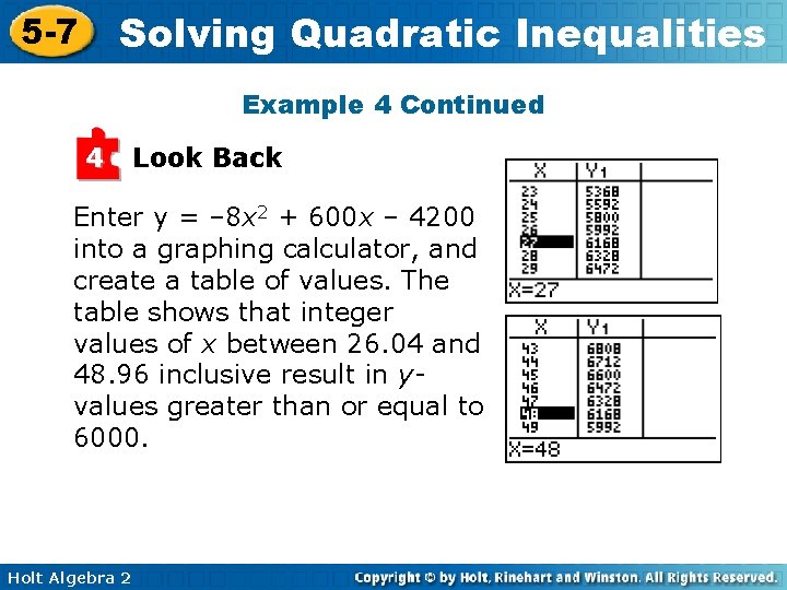 Solving Quadratic Inequalities 5 -7 Example 4 Continued 4 Look Back Enter y =