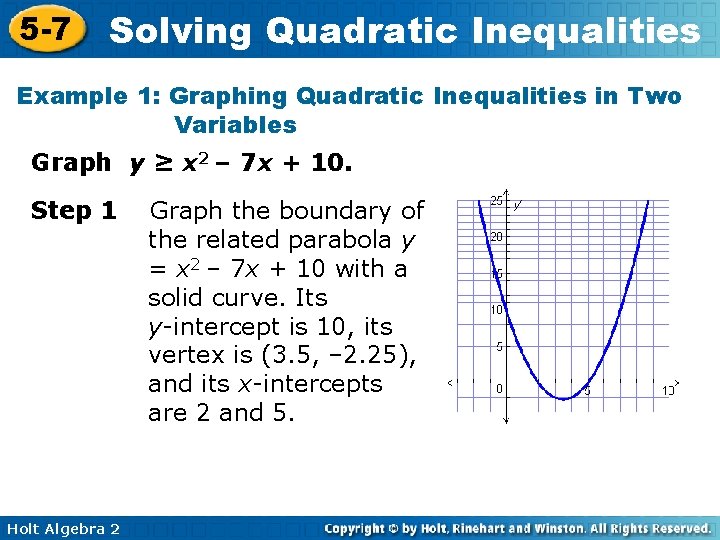 5 -7 Solving Quadratic Inequalities Example 1: Graphing Quadratic Inequalities in Two Variables Graph