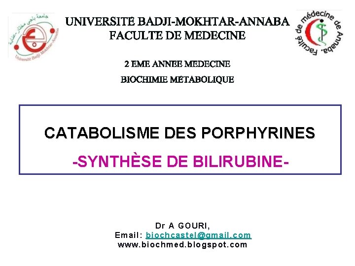 CATABOLISME DES PORPHYRINES -SYNTHÈSE DE BILIRUBINE- Dr A GOURI, Email: biochcastel@gmail. com www. biochmed.