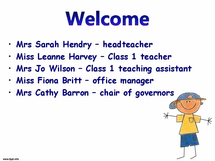  • • • Mrs Sarah Hendry – headteacher Miss Leanne Harvey – Class