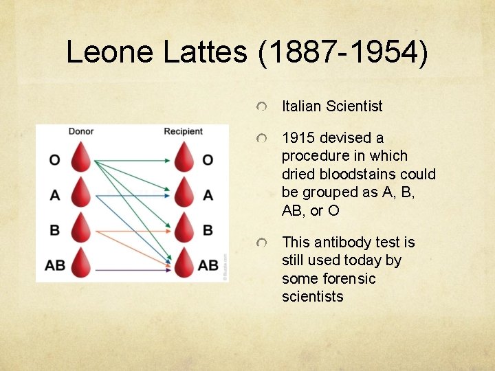 Leone Lattes (1887 -1954) Italian Scientist 1915 devised a procedure in which dried bloodstains Leone Lattes (1887 -1954) Italian Scientist 1915 devised a procedure in which dried bloodstains