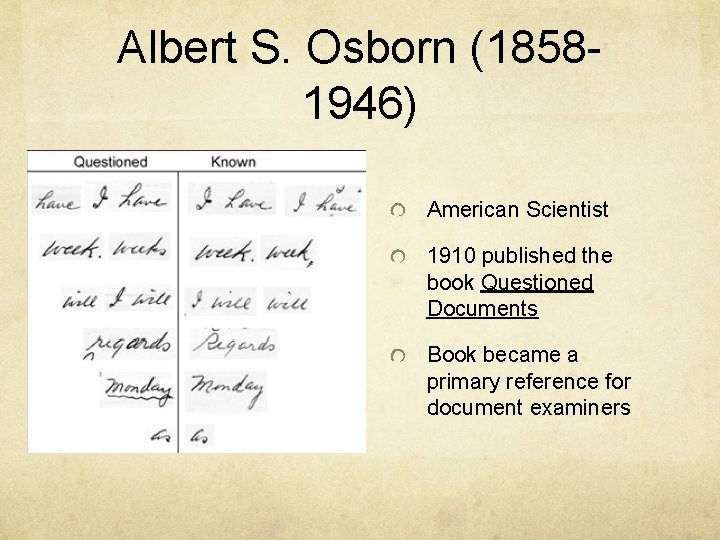 Albert S. Osborn (18581946) American Scientist 1910 published the book Questioned Documents Book became Albert S. Osborn (18581946) American Scientist 1910 published the book Questioned Documents Book became