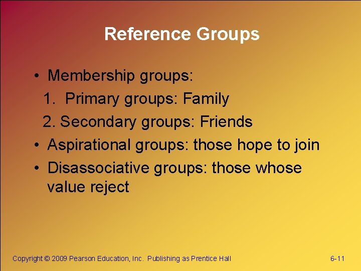 Reference Groups • Membership groups: 1. Primary groups: Family 2. Secondary groups: Friends •