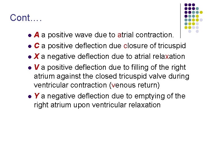 Cont…. l l l A a positive wave due to atrial contraction. C a