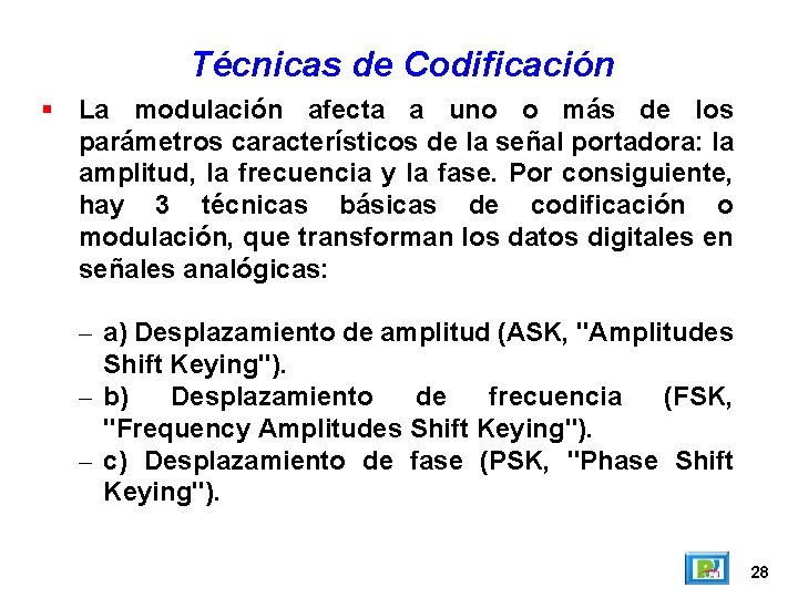 Técnicas de Codificación La modulación afecta a uno o más de los parámetros característicos Técnicas de Codificación La modulación afecta a uno o más de los parámetros característicos