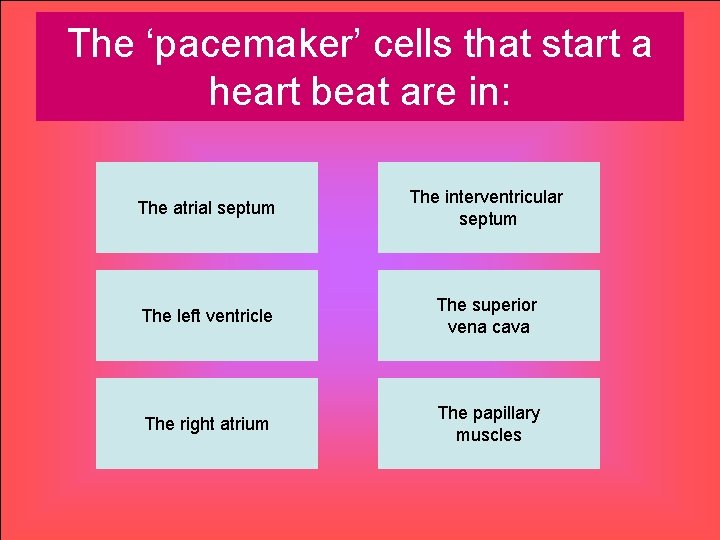 The ‘pacemaker’ cells that start a heart beat are in: The atrial septum The