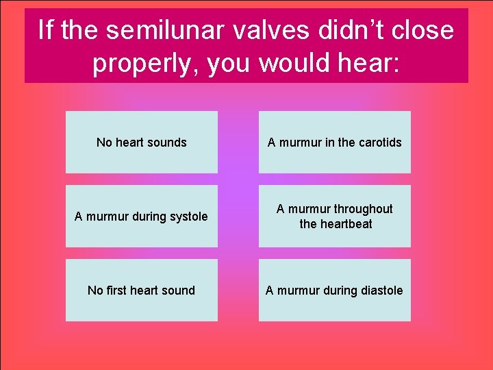 If the semilunar valves didn’t close properly, you would hear: No heart sounds A