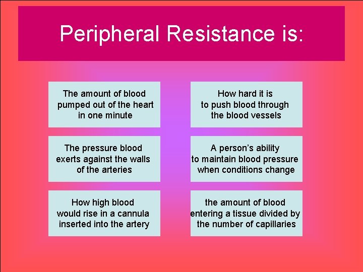 Peripheral Resistance is: The amount of blood pumped out of the heart in one