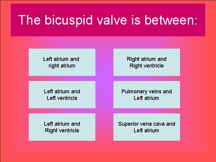 The bicuspid valve is between: Left atrium and right atrium Right atrium and Right