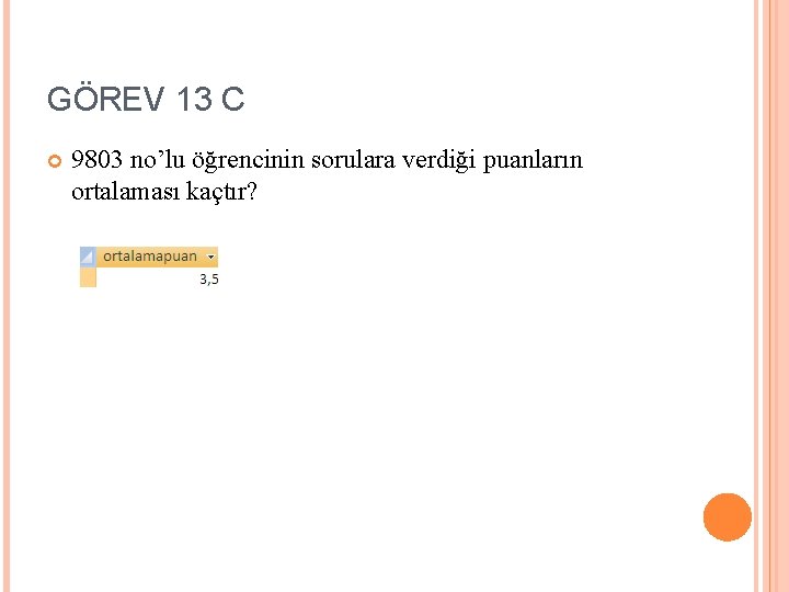 GÖREV 13 C 9803 no’lu öğrencinin sorulara verdiği puanların ortalaması kaçtır? 