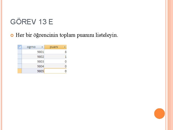 GÖREV 13 E Her bir öğrencinin toplam puanını listeleyin. 