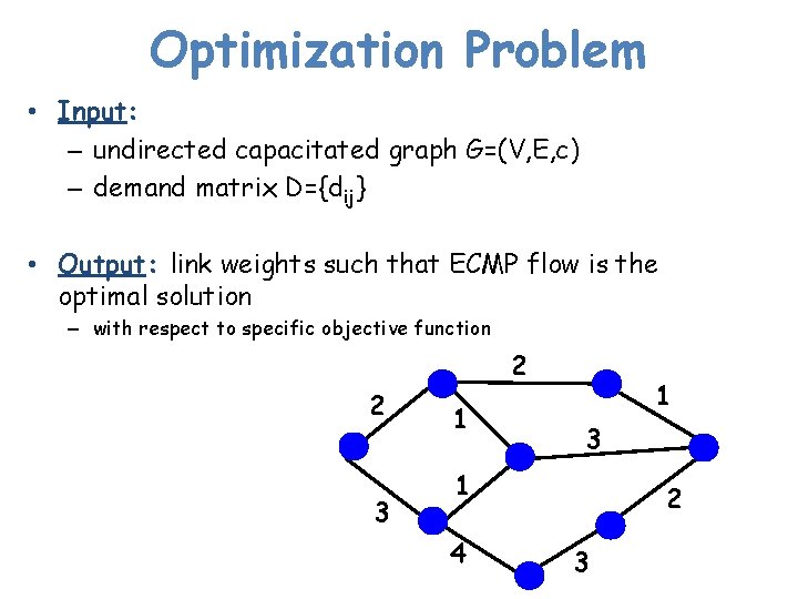 Optimization Problem • Input: – undirected capacitated graph G=(V, E, c) – demand matrix