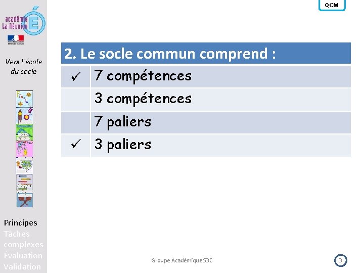 QCM Vers l’école du socle 2. Le socle commun comprend : 7 compétences 3