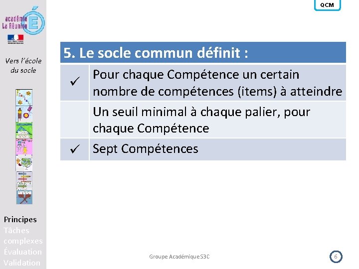 QCM Vers l’école du socle Principes Tâches complexes Évaluation Validation 5. Le socle commun