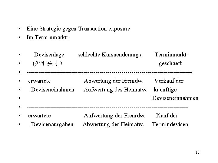  • Eine Strategie gegen Transaction exposure • Im Terminmarkt: • Devisenlage schlechte Kursaenderungs