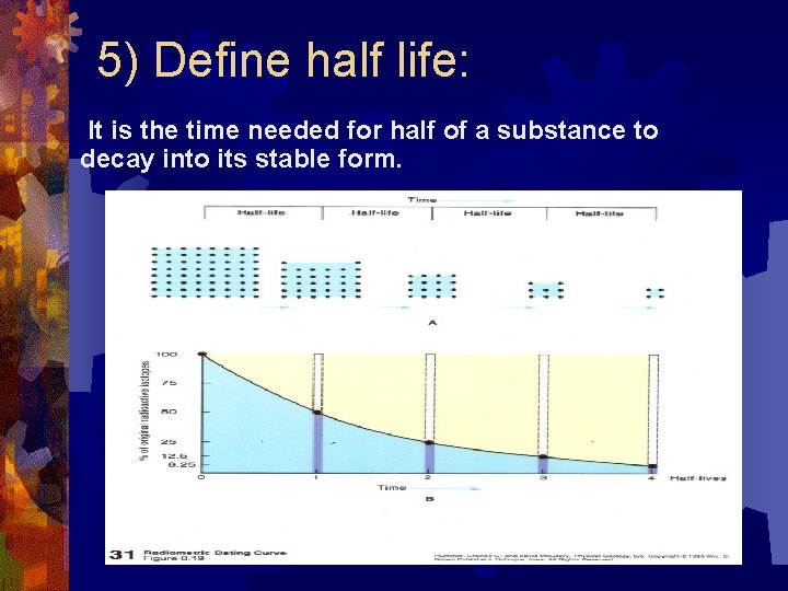 5) Define half life: It is the time needed for half of a substance