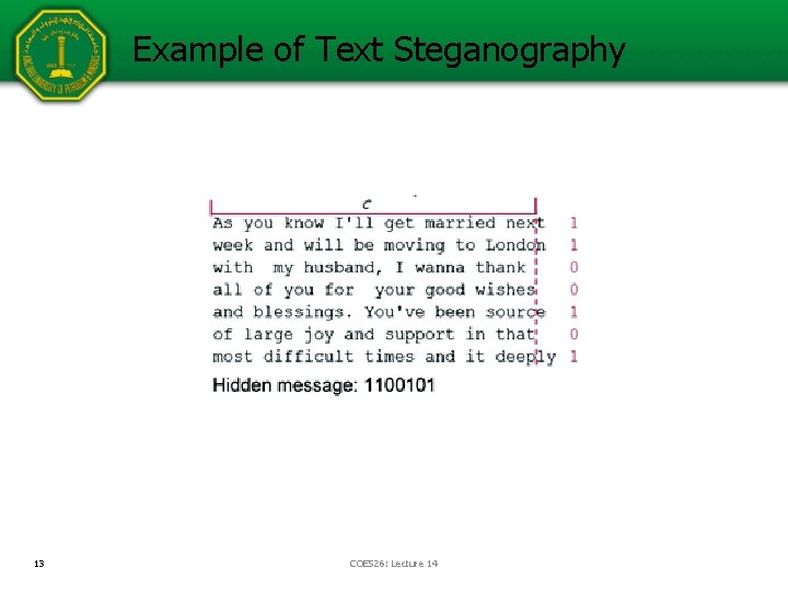 Example of Text Steganography 13 COE 526: Lecture 14 Example of Text Steganography 13 COE 526: Lecture 14