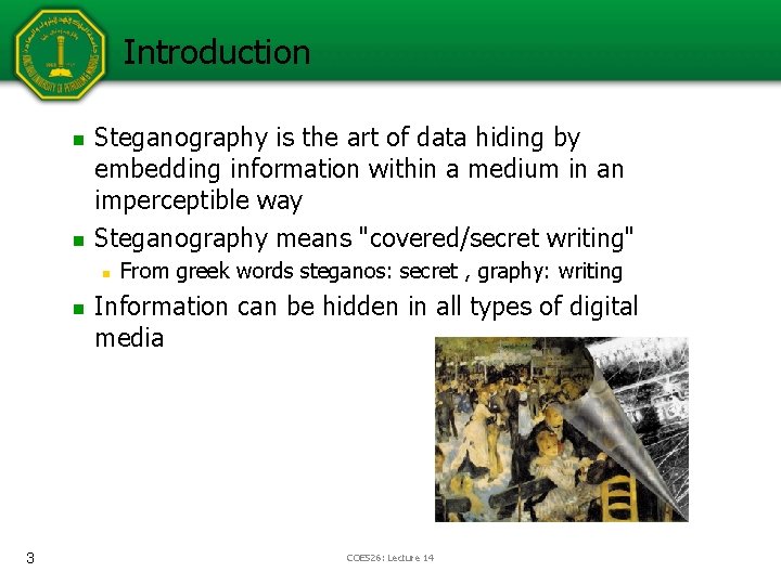 Introduction n n Steganography is the art of data hiding by embedding information within Introduction n n Steganography is the art of data hiding by embedding information within