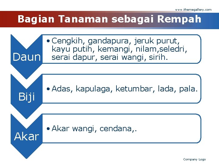 www. themegallery. com Bagian Tanaman sebagai Rempah Daun Biji Akar • Cengkih, gandapura, jeruk