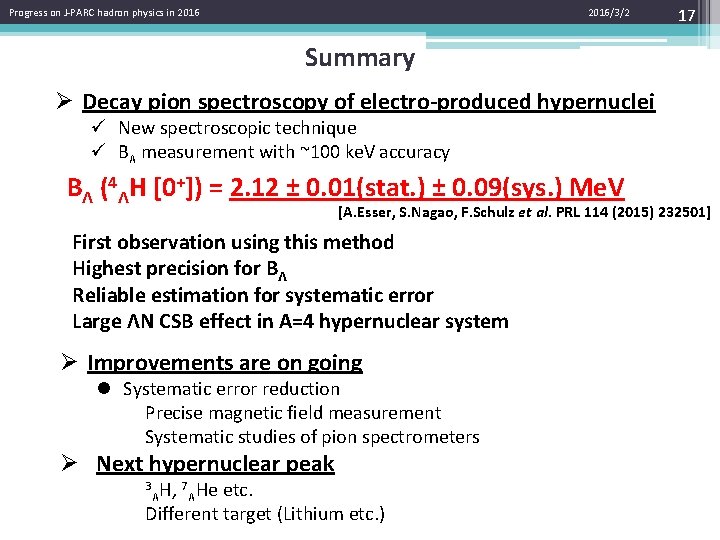 Progress on J-PARC hadron physics in 2016/3/2 17 Summary Ø Decay pion spectroscopy of