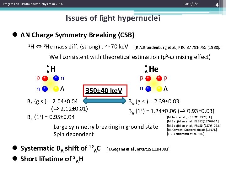 Progress on J-PARC hadron physics in 2016/3/2 4 Issues of light hypernuclei l ΛN