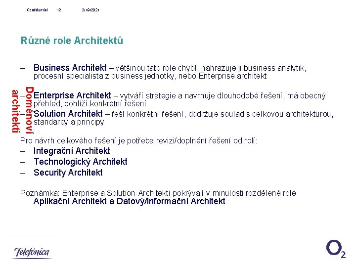 Confidential 12 2/19/2021 Různé role Architektů - Business Architekt – většinou tato role chybí,