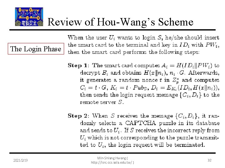 Review of Hou-Wang’s Scheme The Login Phase 2021/2/19 Min-Shiang Hwang ( http: //isrc. ccs.