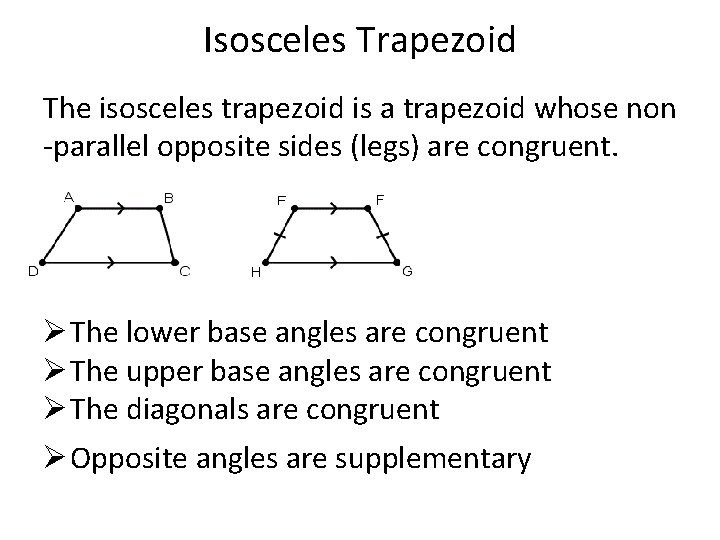 Isosceles Trapezoid The isosceles trapezoid is a trapezoid whose non -parallel opposite sides (legs)