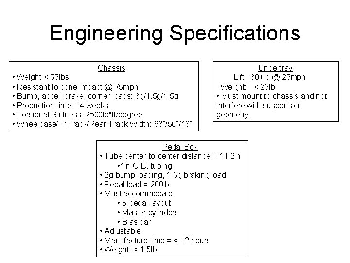 Engineering Specifications Chassis • Weight < 55 lbs • Resistant to cone impact @ Engineering Specifications Chassis • Weight < 55 lbs • Resistant to cone impact @