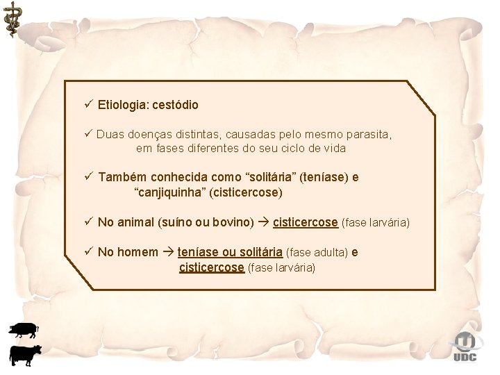 ü Etiologia: cestódio ü Duas doenças distintas, causadas pelo mesmo parasita, em fases diferentes
