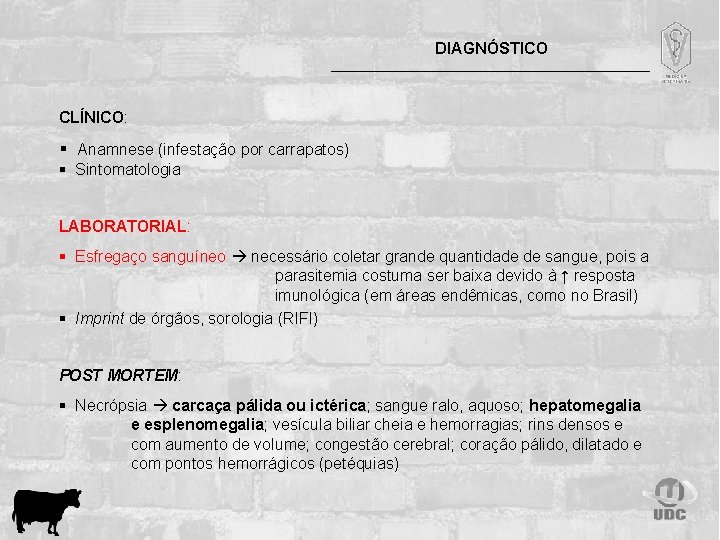 DIAGNÓSTICO CLÍNICO: § Anamnese (infestação por carrapatos) § Sintomatologia LABORATORIAL: § Esfregaço sanguíneo necessário