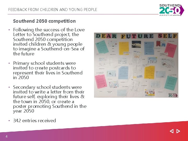 FEEDBACK FROM CHILDREN AND YOUNG PEOPLE Southend 2050 competition • Following the success of