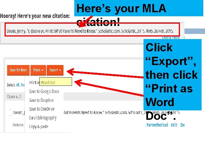 Here’s your MLA citation! Click “Export”, then click “Print as Word Doc”. 