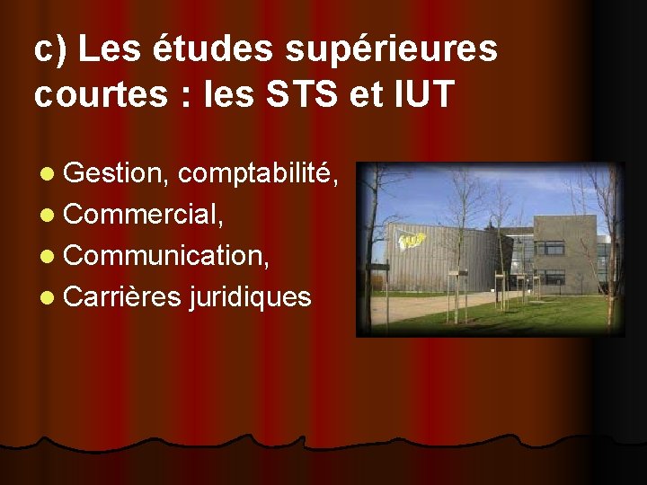 c) Les études supérieures courtes : les STS et IUT l Gestion, comptabilité, l