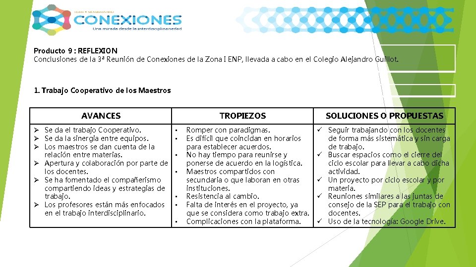 Producto 9 : REFLEXION Conclusiones de la 3ª Reunión de Conexiones de la Zona