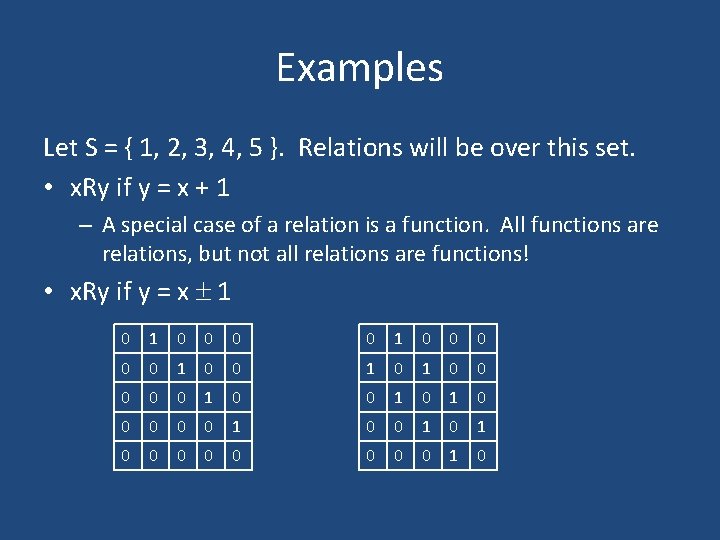 Examples Let S = { 1, 2, 3, 4, 5 }. Relations will be