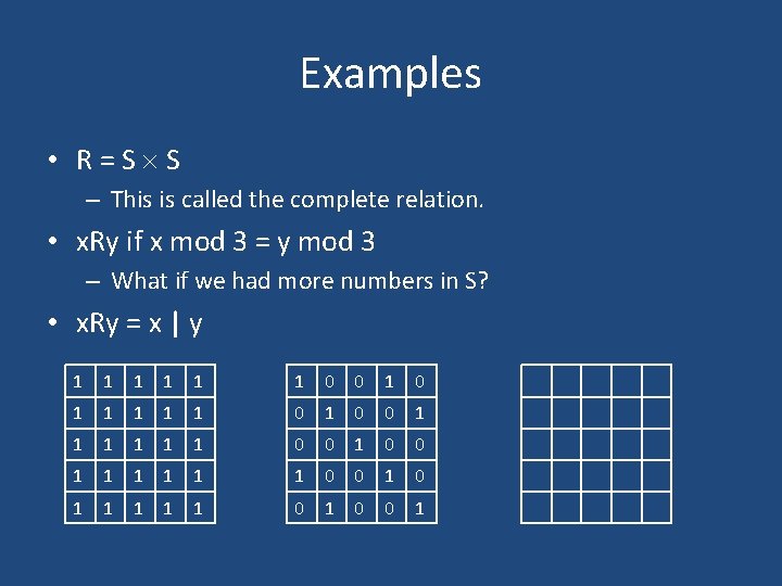 Examples • R=S S – This is called the complete relation. • x. Ry