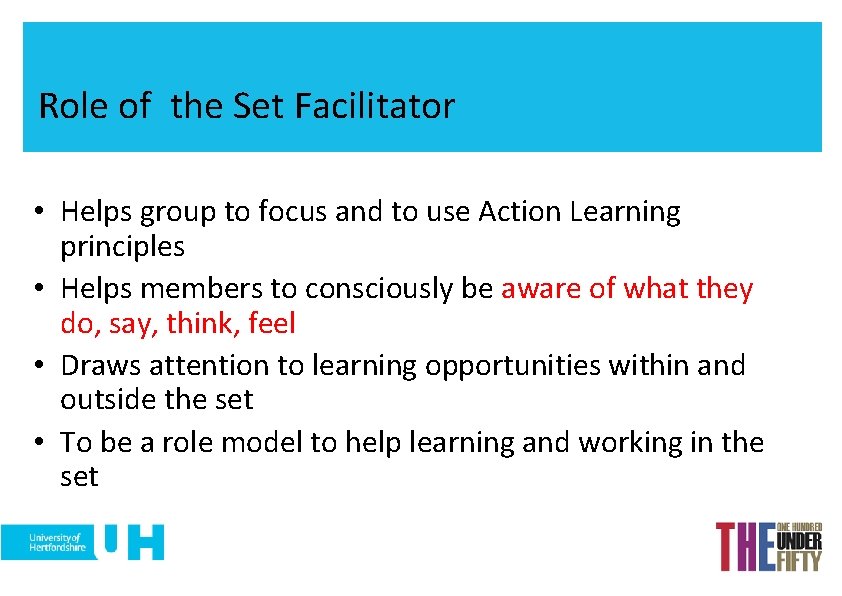 Role of the Set Facilitator • Helps group to focus and to use Action